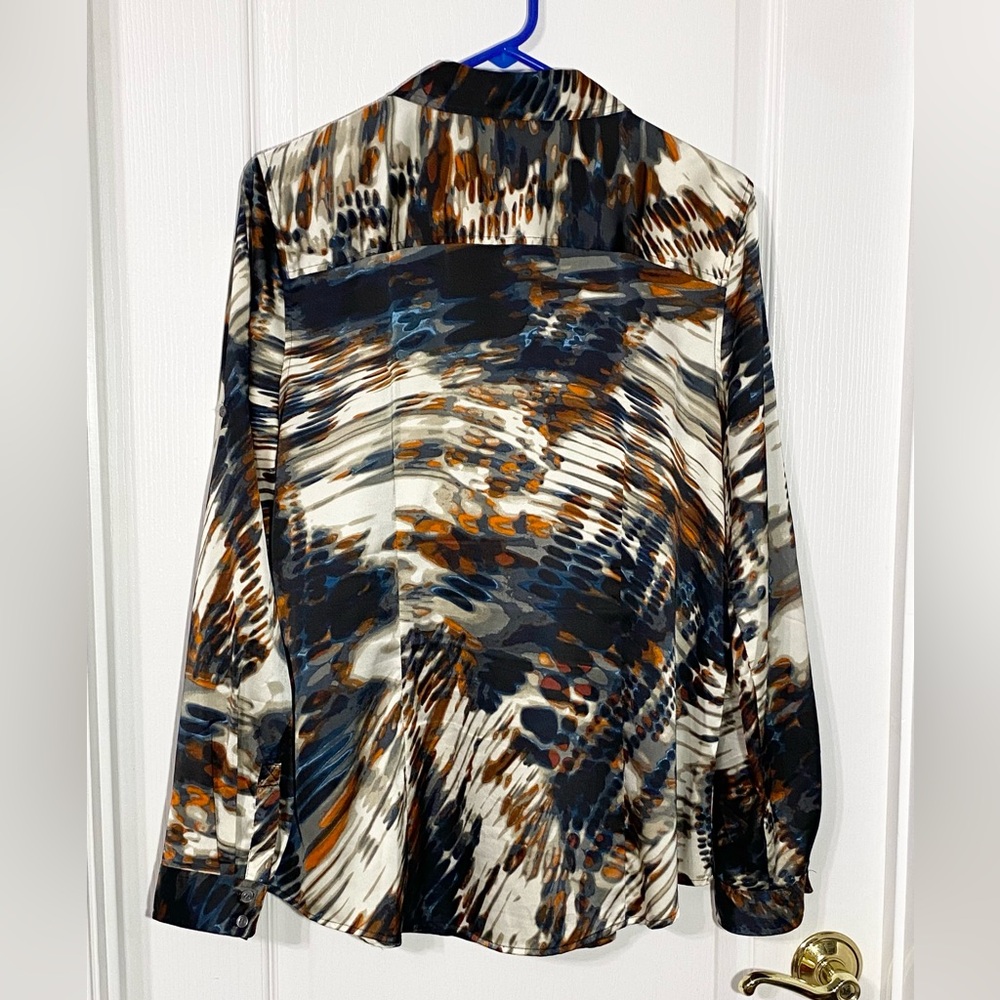 Calvin Klein Abstract Brushstroke Print Roll Tab Long Sleeve Silky Blouse Large - Picture 2 of 7